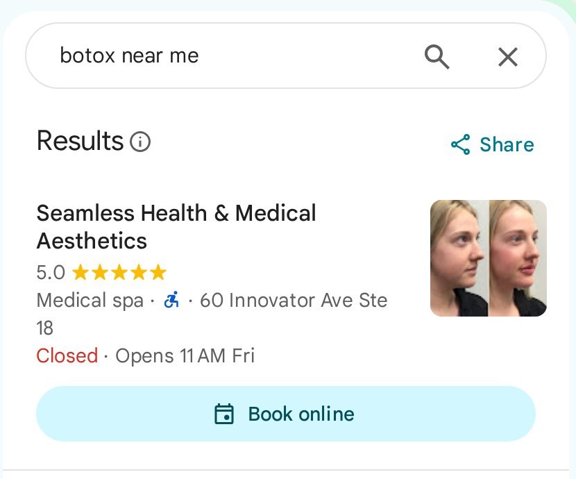 Google Maps results for botox near me with Seamless Health first