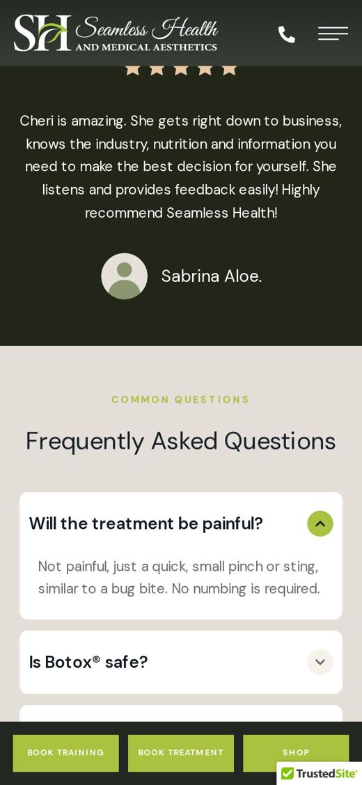 Seamless Health Botox page on a phone: FAQs AI can quote
