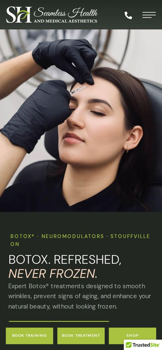 Seamless Health Botox page on a phone: Treatment and city up top