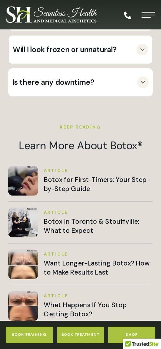 Seamless Health Botox page on a phone: Articles that feed the page