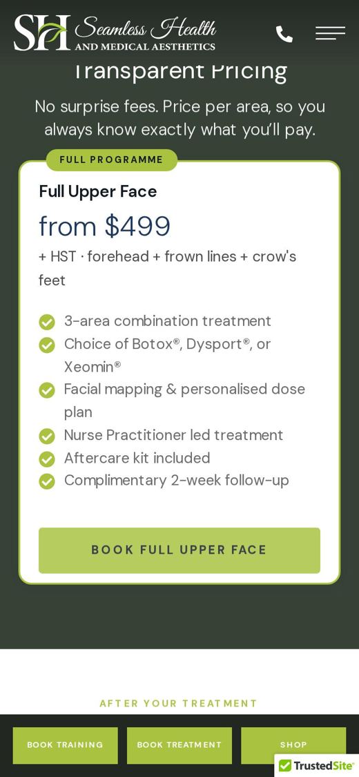 Seamless Health Botox page on a phone: Clear from pricing